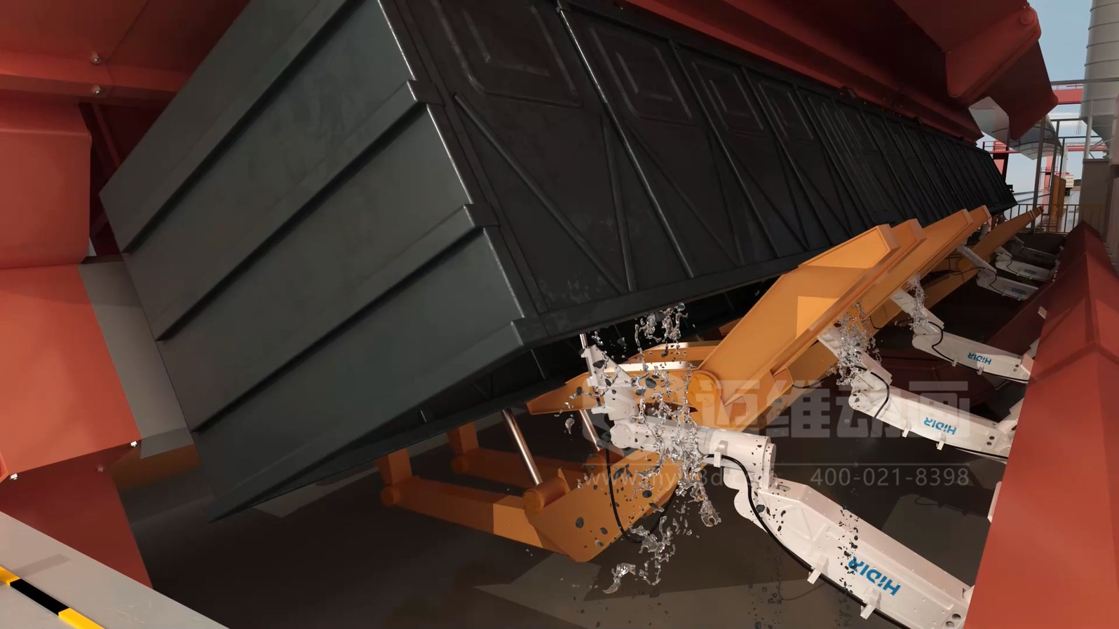 智能工廠工藝流程展示如何做到直觀易懂？工業(yè)3D動(dòng)畫制作實(shí)景還原火車廂余料自動(dòng)化清洗全流程(圖1)